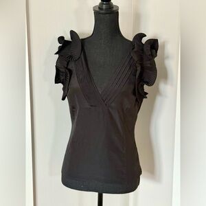 Bebe Black V-Neck Ruffle Blouse with open back